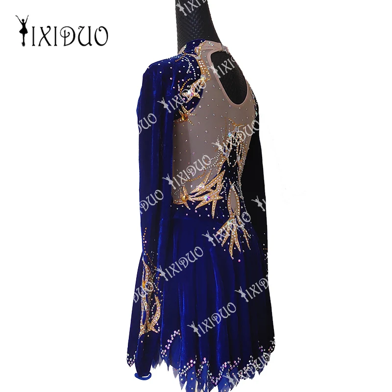 Royal Blue Ice Figure Skating Dress With Handmade Crystal  Rhinestone For Women Girls Long Sleeve Competition Performance Wear