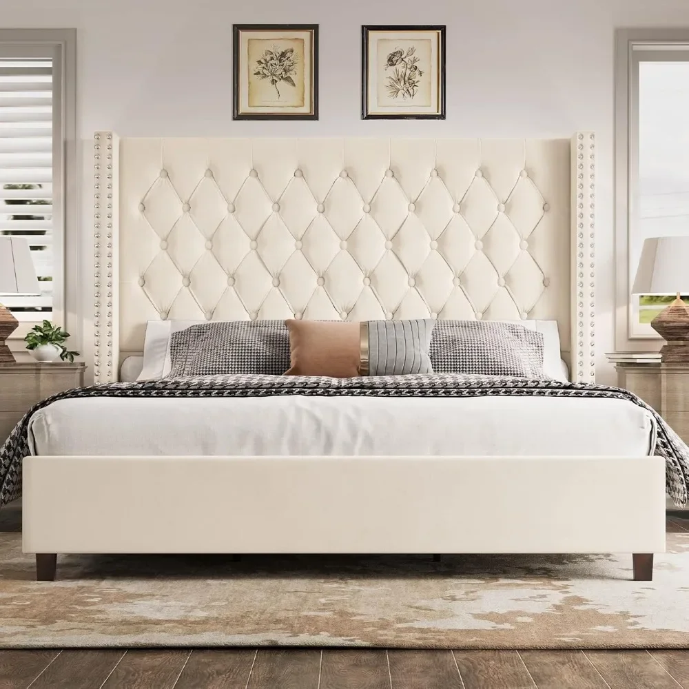 King Platform Bed Frame 61.4" Handmade Headboard Velvet Tall Upholstered Bed Deep Button Tufted/No Box Spring Required