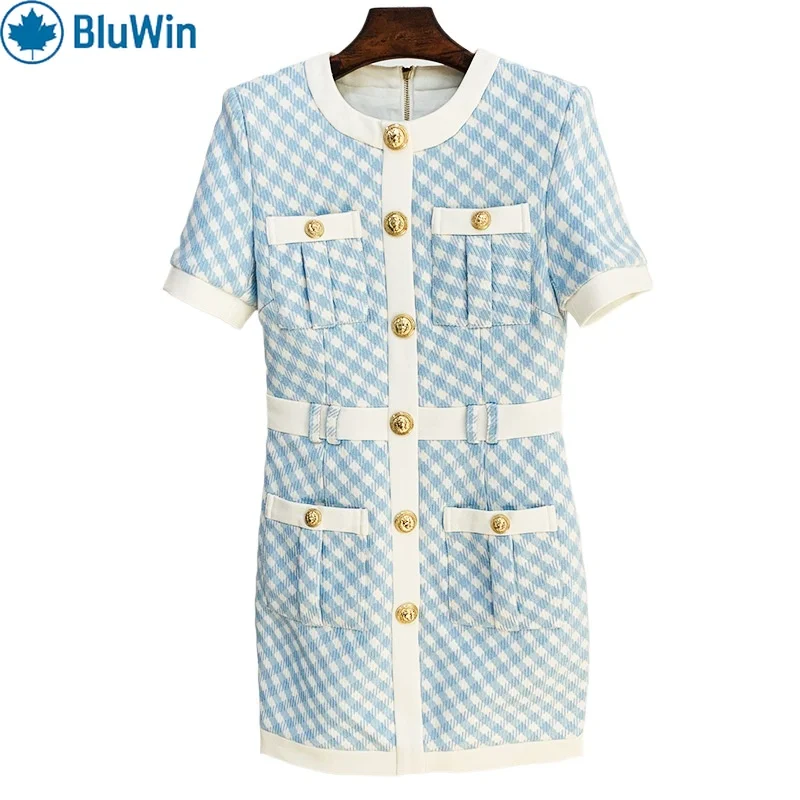 

BluWin 2025 Celebrity Style Lion Button Short Sleeve Color Block Plaid Tweed Dress – Elegant Tartan Mini Dress for Women