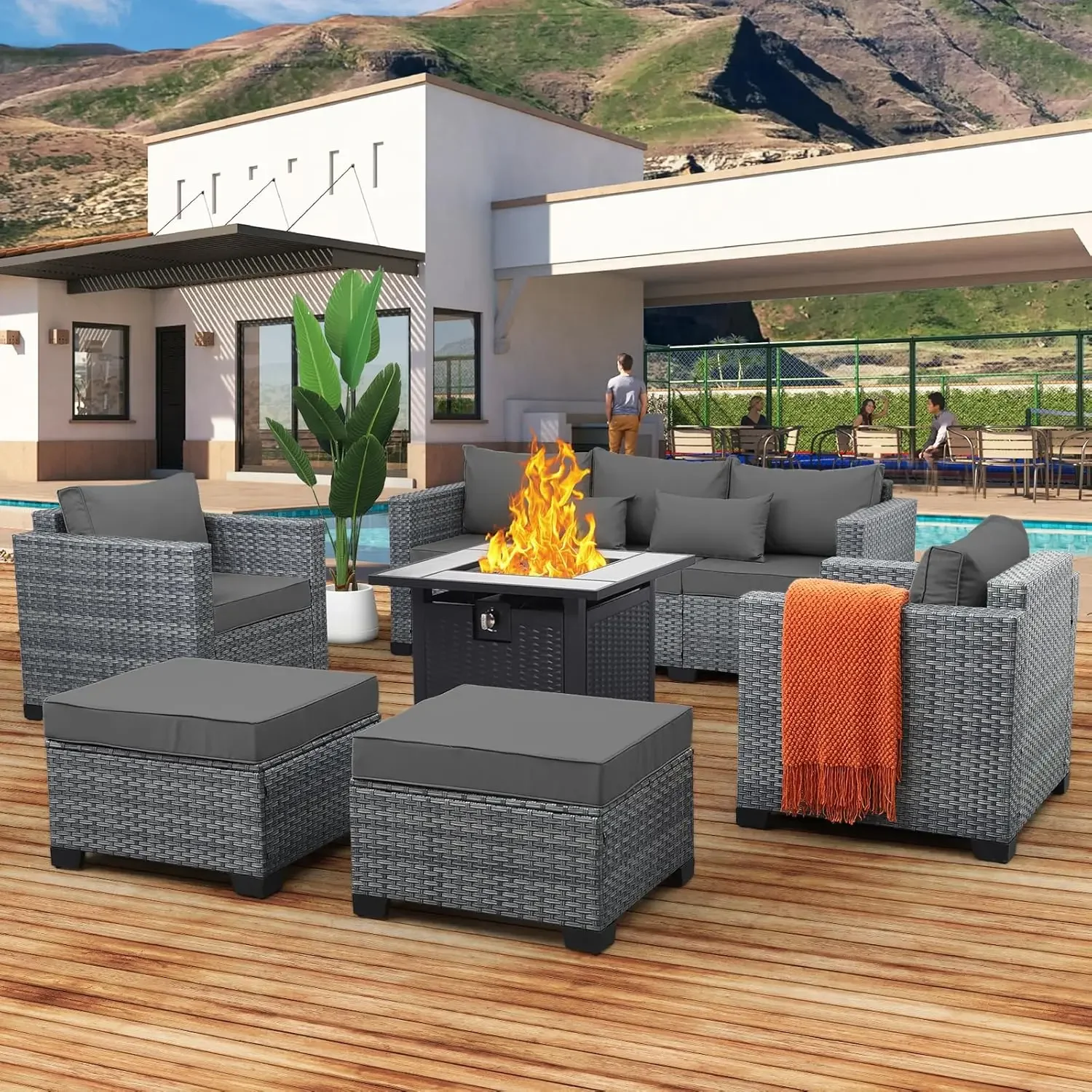 

6 Pieces Wicker Patio Furniture Sets Outdoor Conversation Set PE Rattan Sectional Sofa Couch with 30" Fire Pit Table