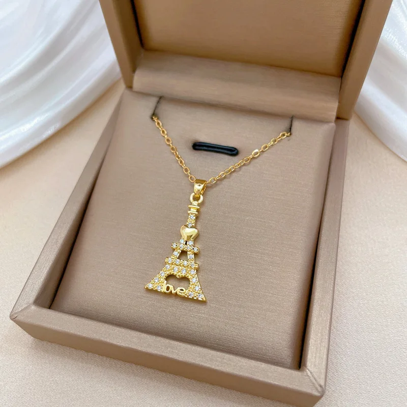 Stainless Steel Chain Fashion Creative Eiffel Tower Necklace Women Girls Shiny Zircon Pendant Accessories Jewelry Gifts