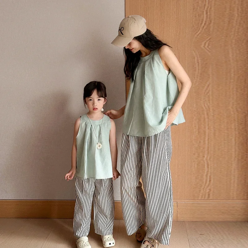 Baby und Mutter passendes Outfit 2024 Sommer Mutter und Tochter gleiche Kleidung Mammy und ich Baumwolle Leinen Weste Hosen zweiteilige Sets