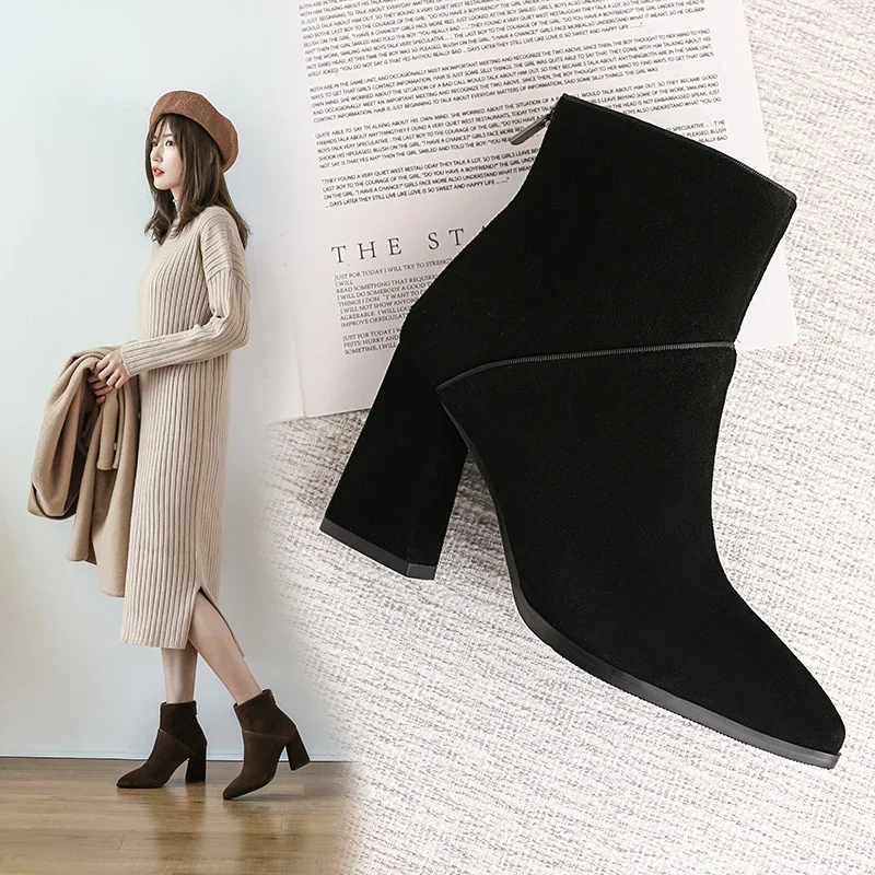 women Ankle boots Genuine Leather plus size 22-26.5 cm feet length ankle boots pointed toe side zipper winter shoes women