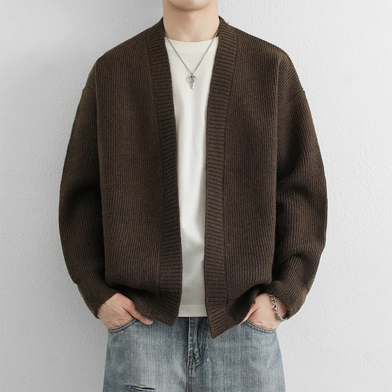 

Мужской открытый кардиган с v-образным вырезом, свободный повседневный теплый вязаный верхняя одежда, осенне-зимняя молодежная универсальная удобная полиэфирное волокно
