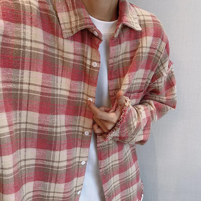 2024 Loose Casual Pink Plaid Shirt Tops men\'s Clothing Autumn Retro Versatile Cotton Lapel Oversize Long Sleeve Shirt Blouse