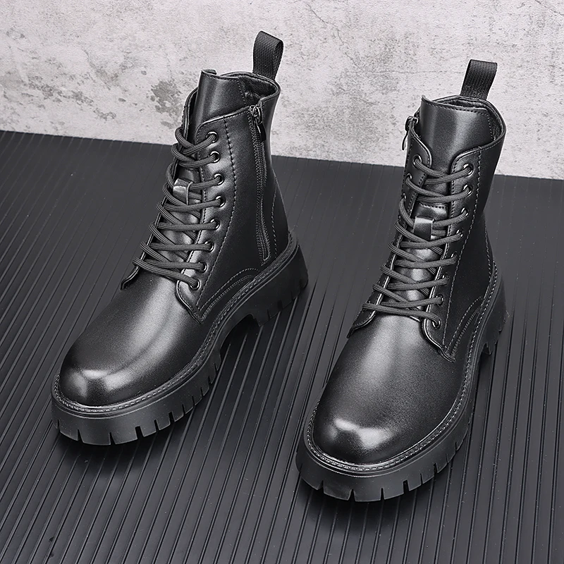 

Мужские роскошные модные высокие мотоциклетные ботинки, черные трендовые туфли на платформе, ковбойские ботинки из натуральной кожи, осенне-зимние ботильоны