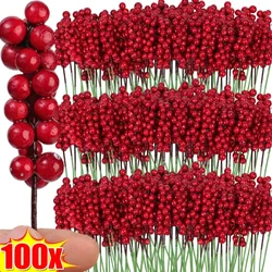 10/100PCS Christmas Artificial Berry Branch Red Fake Holly Berries Bouquet DIY Wreath Xmas Tree Wedding Home Party Decoration