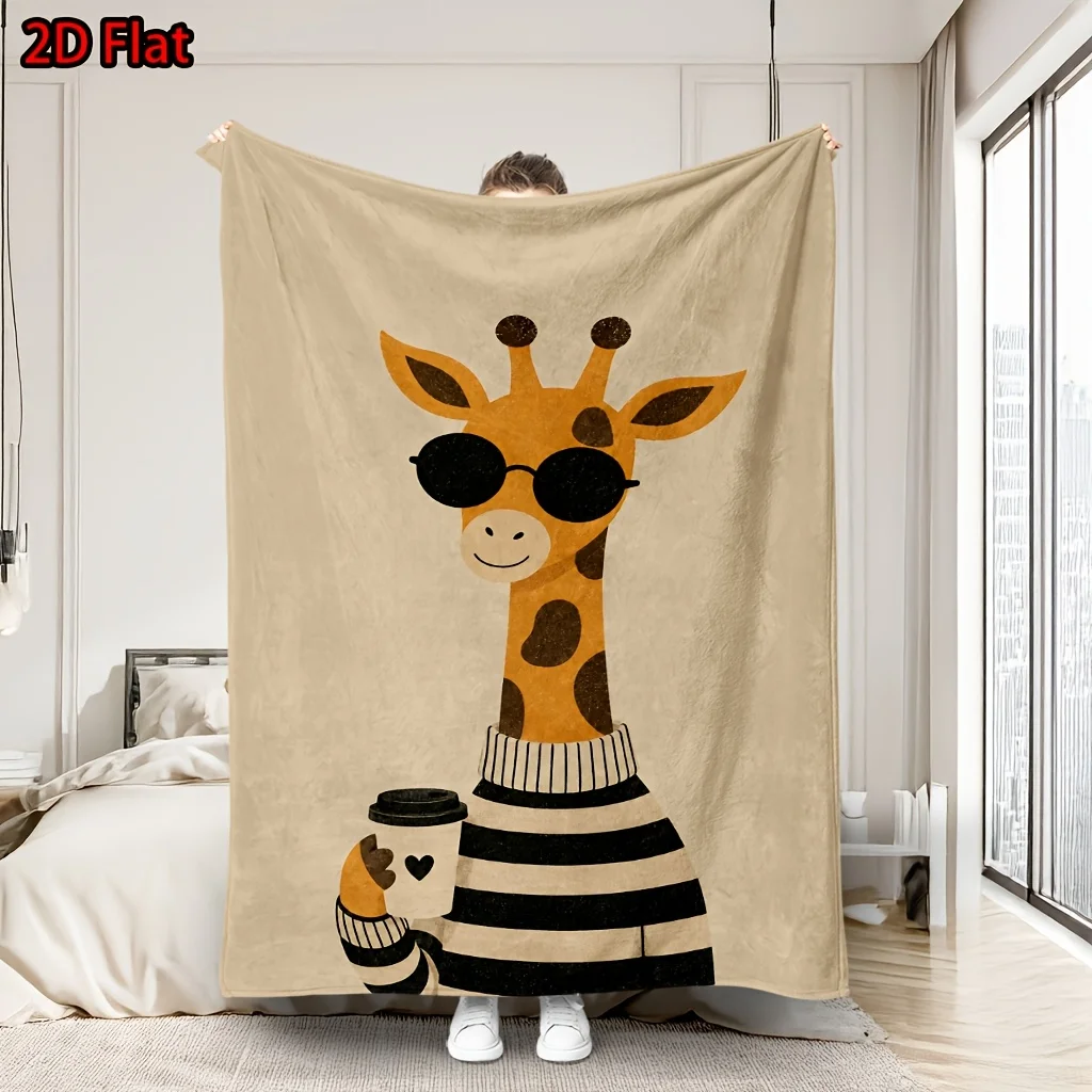 Adorable Giraffe Cartoon Print Throw Blanket Cozy Plush Fleece Home Decor Accent for Couch Bed Warming Winter Seasonal Gift
