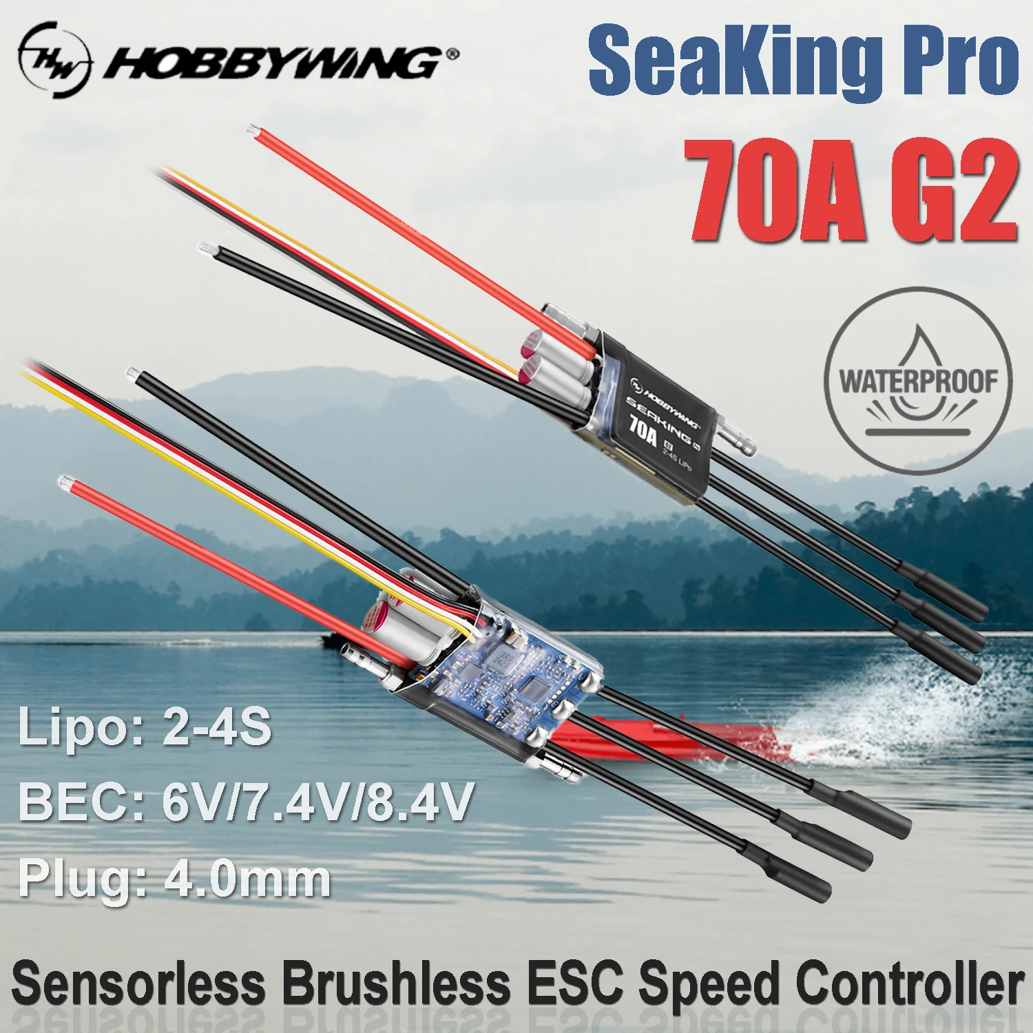 

Hobbywing Seaking PRO 70A G2 Бессенсорный бесщеточный ESC IP65 Полностью водонепроницаемый дизайн для моделей Mini Mono/Mini ECO/Mini Hydro Boat