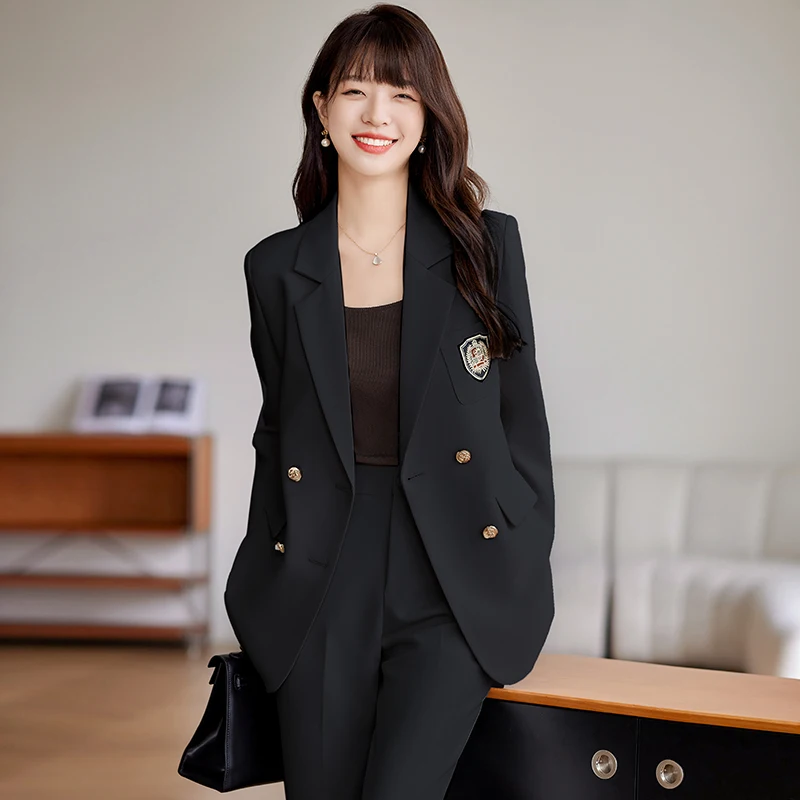 Women Elegant Work Blazer Suit Noted double breasted Jacket Coat Top And Pant Two Piece Set Matching Outfit Office Lady Clothing