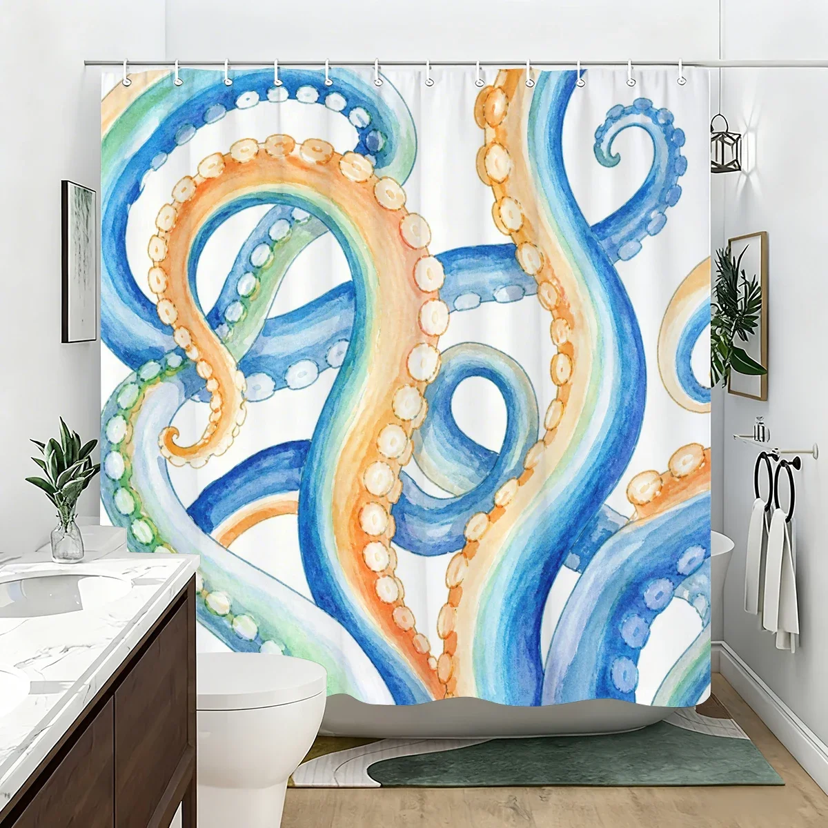 Vibrant Patterned Polyester Bathtub Curtain - Stylish Bathroom Decor with Dragonfly, Jellyfish, Octopus Floral Designs