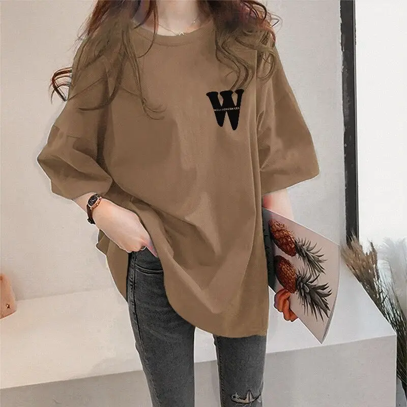 

Casual Printing Letter Mid Length Version T-shirt Women Summer Classic Short Sleeve O-collar Korean Loose Cotton Lady Top