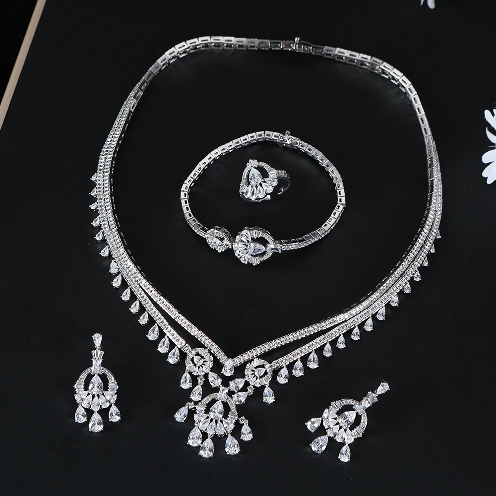 Luxury Waterdrop Flower Mother's Day Necklace Bracelet Earrings Women's Ring Cubic Zirconia Bridal Banquet Gift Jewelry S620