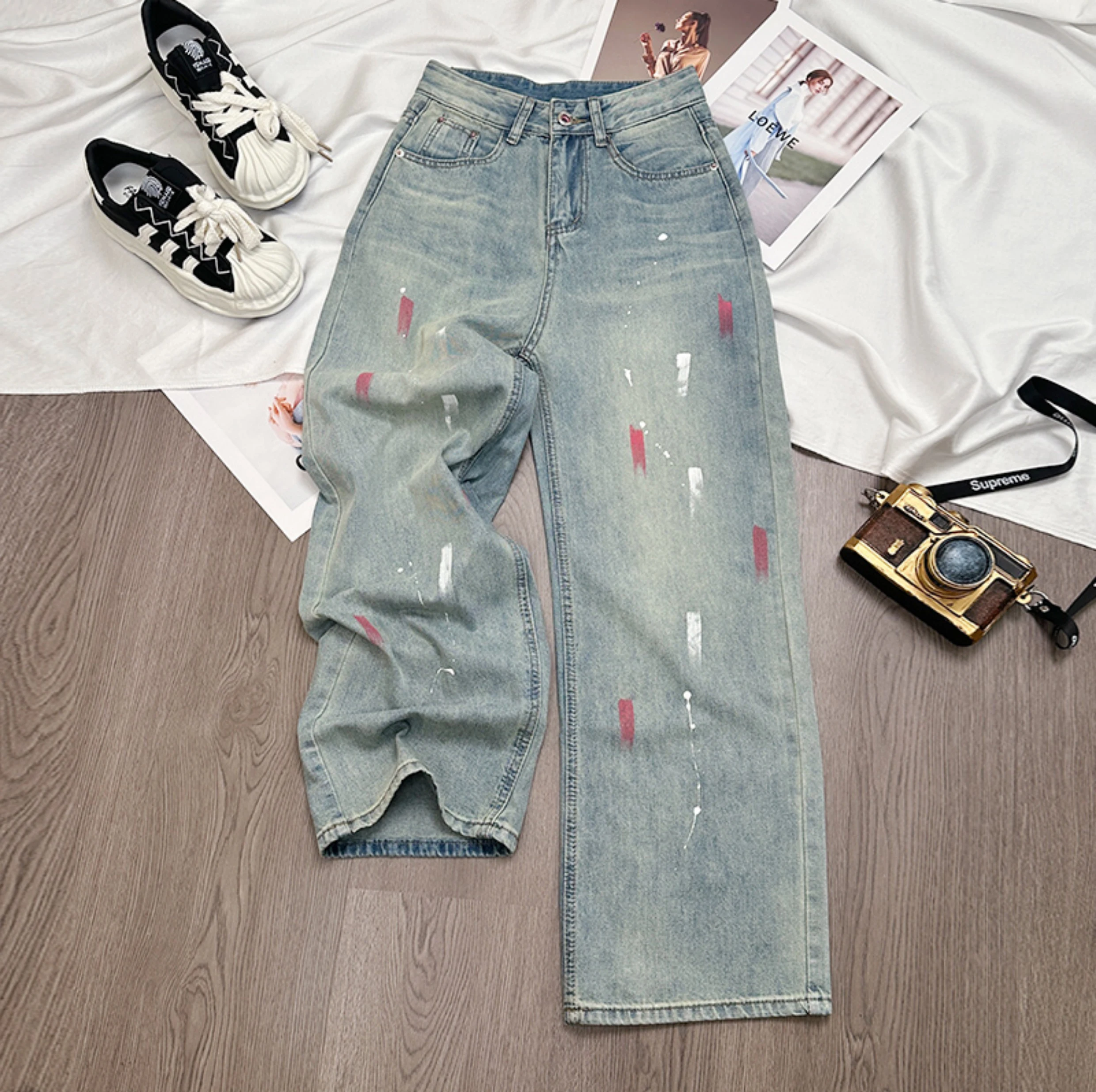 

Oil Paint Splatter Jeans Women Fashion High Waist Loose Straight Leg Denim Pants Y2K Casual Streetwear Distressed Trousers