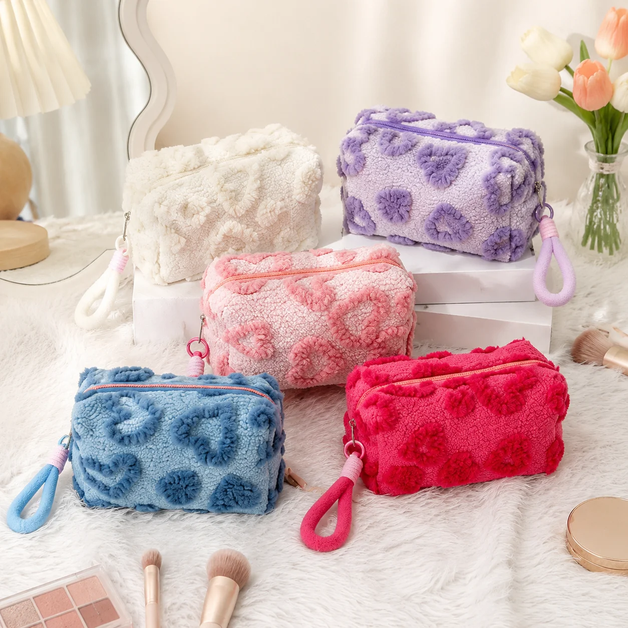 Plush Makeup Bag Travel Cosmetic Case Cute Heart Fluffy Toiletry Pouch Soft Portable Storage Organizer With Handle