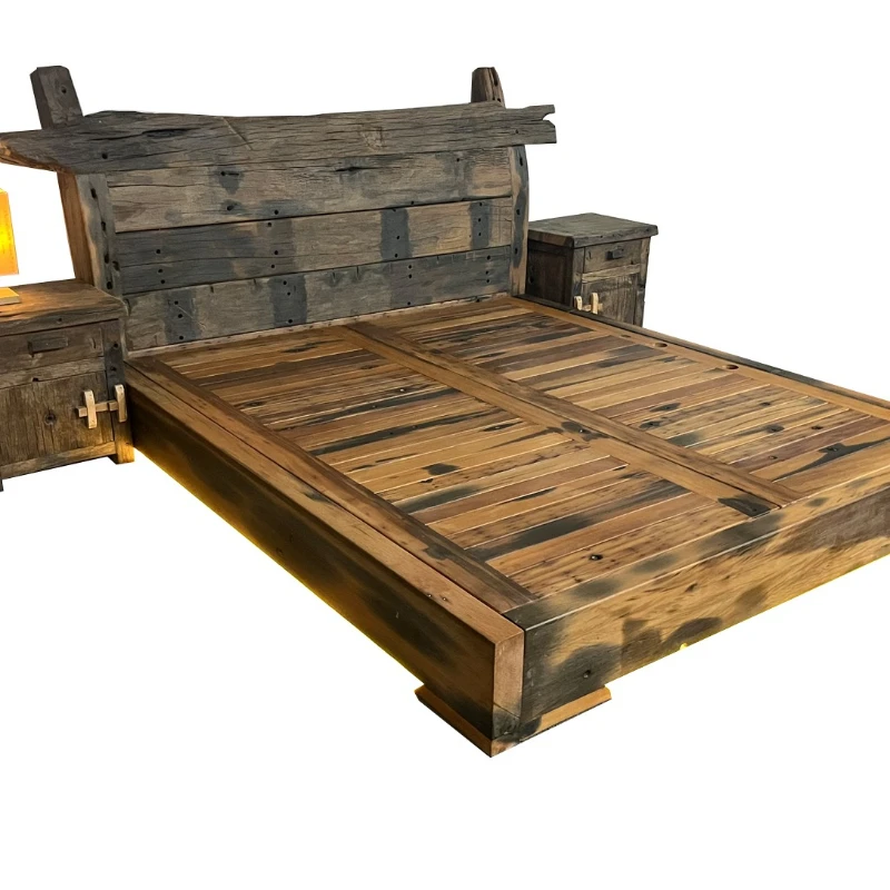 

Wabi Sandy Wind Old Boat Wo od Sol id Chinese Retro Log Be d Bedroom Double B ed Solid Wood