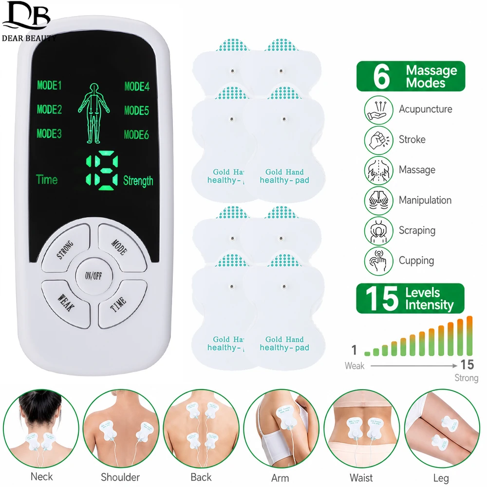 EMS Electric Muscle Stimulator Tens Acupuncture Physiotherapy Digital Meridian Body Massager 4/8PCS Electrode Pads Health Care