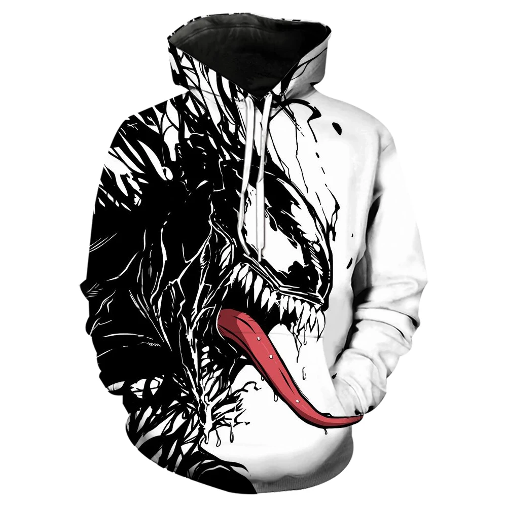 Venom Villain 3D Printed Full Body Long Sleeve Men\'s Hooded Sweatshirt, Teenage Street Casual Plus Size Men\'s Clothing