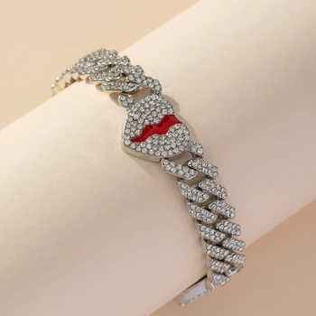 Hip Hop Broken Love Heart Rhombus Cuban Chain Bracelet Men Women 12mm Iced Out Alloy Inlaid Rhinestone Necklaces Fashion Jewelry