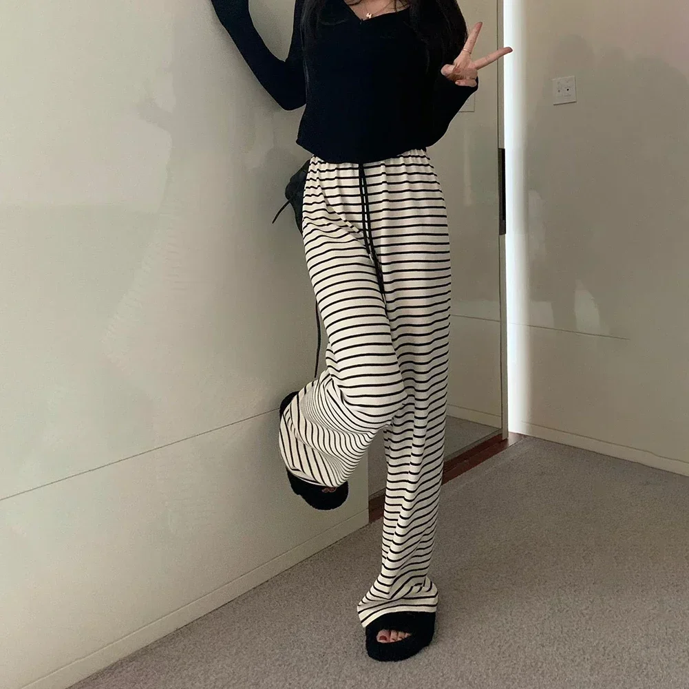 Loose Slim Summer Pants Woman Straight Side-striped Casual High Waist Pants Female White Black Korean Women's Pants