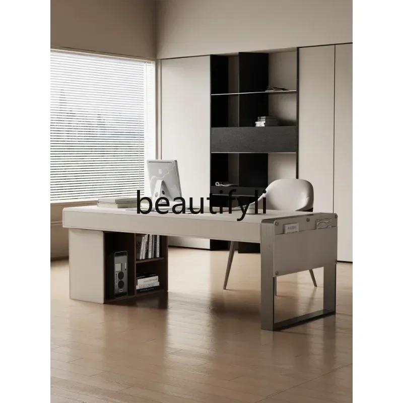 Italian minimalist desk high-end home solid wood computer table saddle leather desk