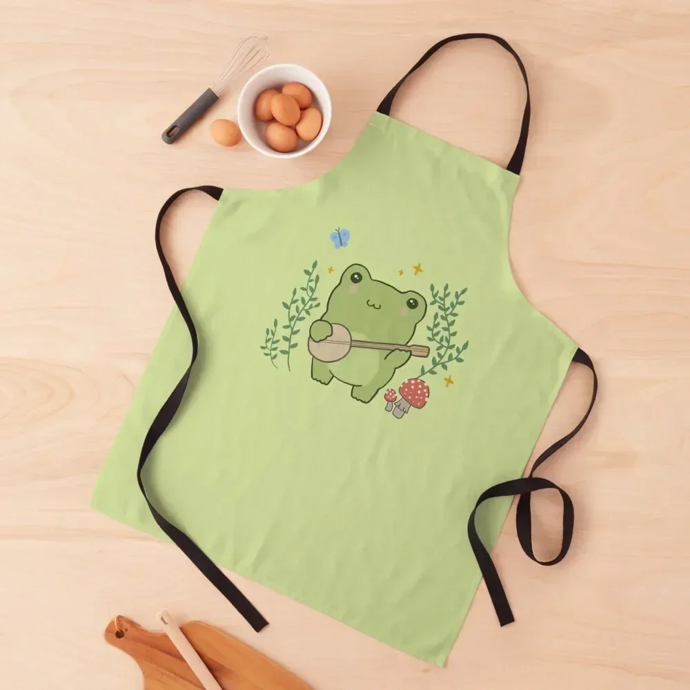 Kawaii Frog Playing Banjo: Toad Cottagecore Aesthetic Mushroom and Blue Butterfly Apron Kitchens Woman Women's Apron