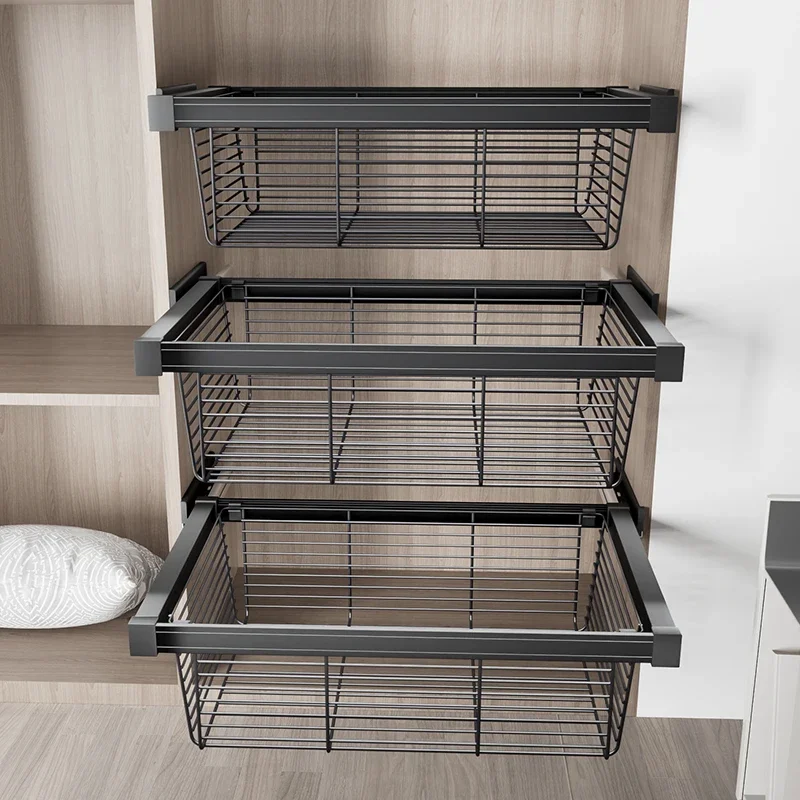 Wardrobe drawer type pull basket telescopic pants rack household cloakroom pull basket built-in storage rattan