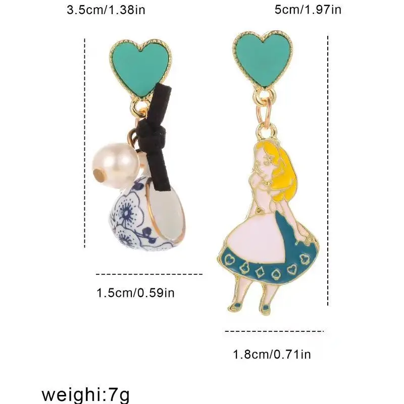 Carton Fairy Tale Princess Alice Asymmetry Earrings Imitation Pearl Blue Heart Dangle Earrings Cute Girls Enamel Earrings image 6