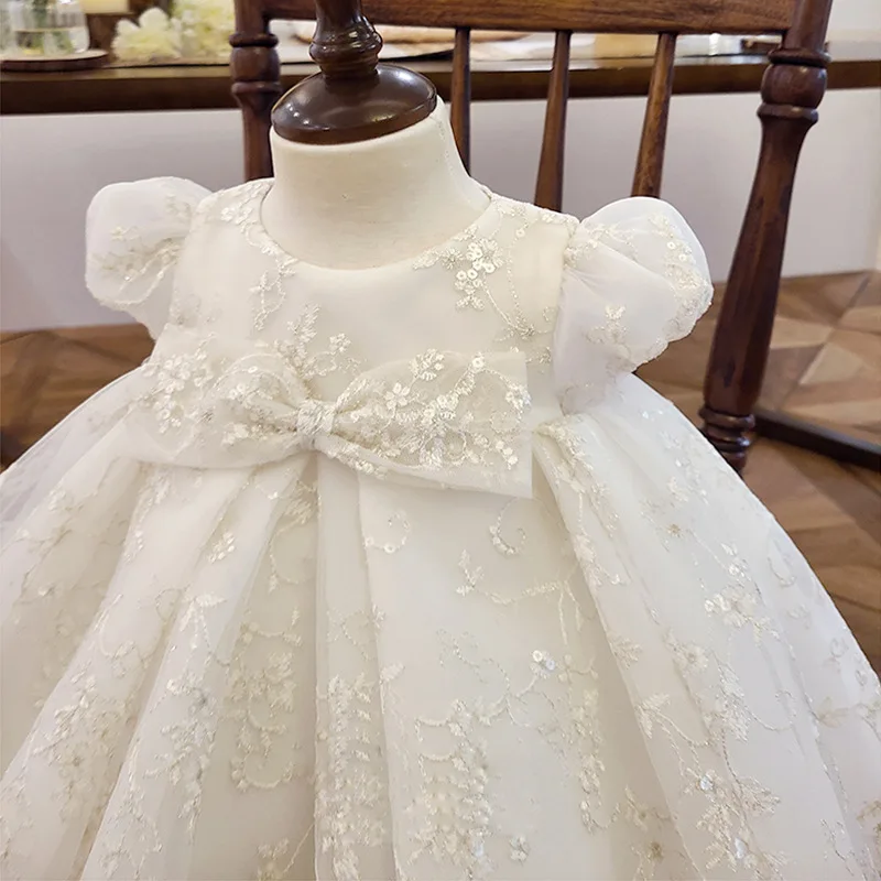 Little Flower Girl Dress Creamy White Puff Sleeve Mesh tutu Costume Lace Embroidered Temperament Princess Skirt Birthday Wedding