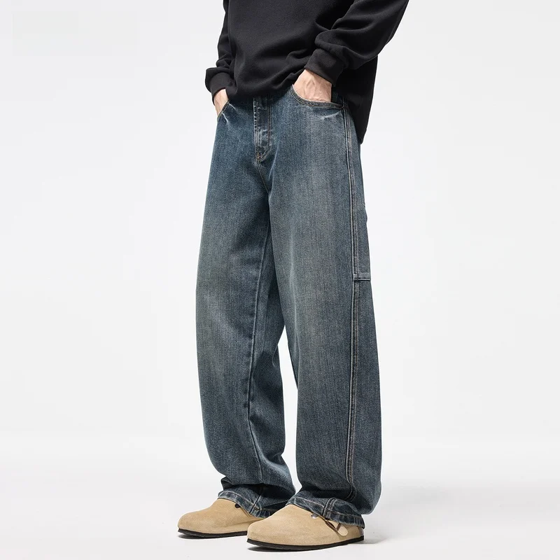 

High-End Combed Cotton Men's Wide Leg Jeans Knife Waed out Blue Loose Straight Cut Autumn Winter Casual Trousers