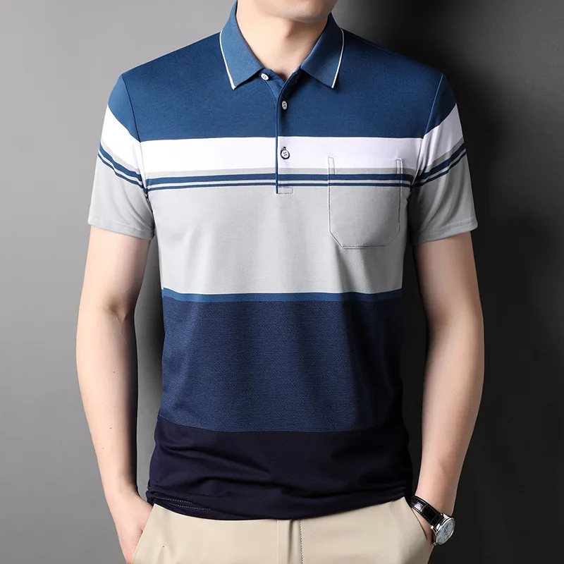 Summer New Short Sleeve Polo Shirt Men Panelled Lapel Button Pocket Patchwork Korean Smart Casual Fashion Loose Striped Thin Top