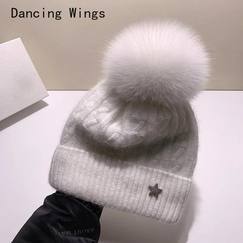 Knitted Beanie Cap Women Man Casual Thick Warm Knitting Skullies Hat Real Fox Fur Pom pom Gorros