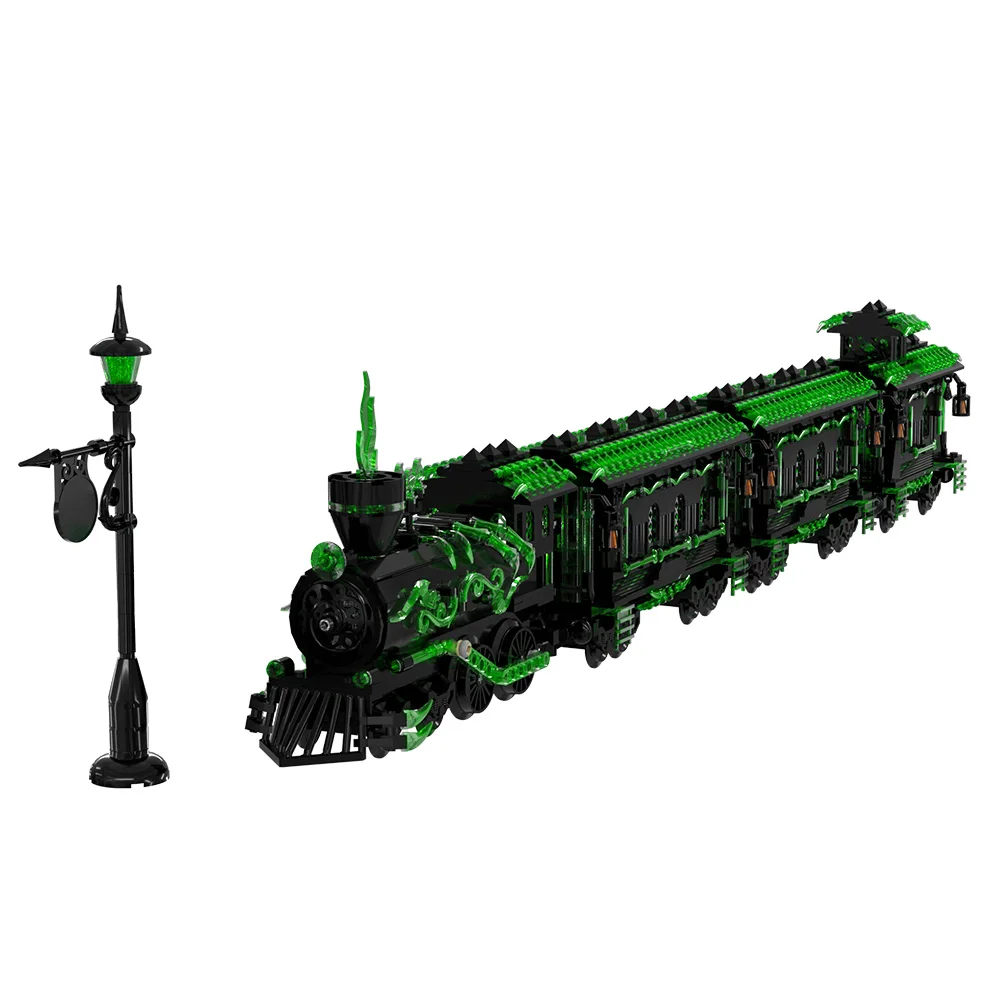 Ghost Train Building Blocks Kit 585PCS Halloween Haunted Rail Car with Streetlights Home Decor Bricks Toy Adult Gift
