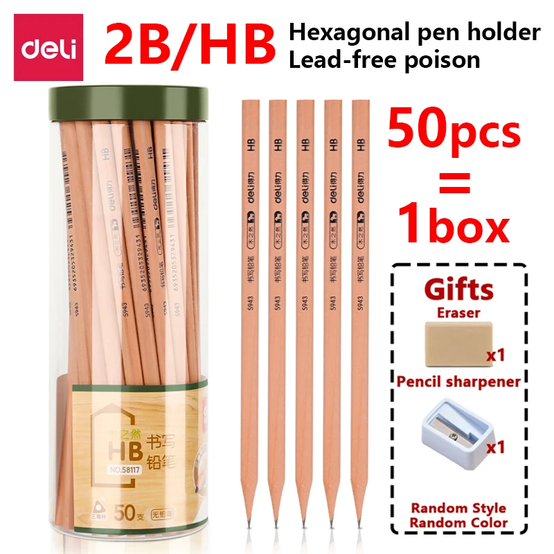 50pcs/Box Deli 2b/Hb Pencil With Rubber Hexagonal Log For Safety Smooth Writing Pencil Office And School Stationery Supplies