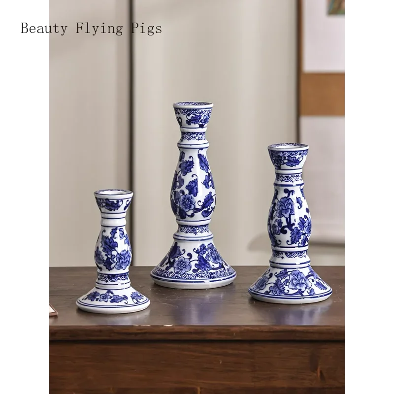 1PCS Handmade Ceramic Retro New Chinese Blue and White Porcelain Candlestick Simple Home Feng Shui Ornament