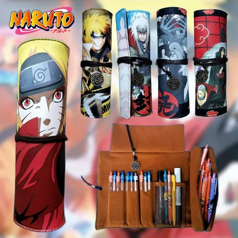 Astuccio per matite Naruto Scroll Figura anime Borsa per penne in pelle PU di grande capacità Cancelleria multifunzione per la scuola Sasuke Akatsuki Kakashi