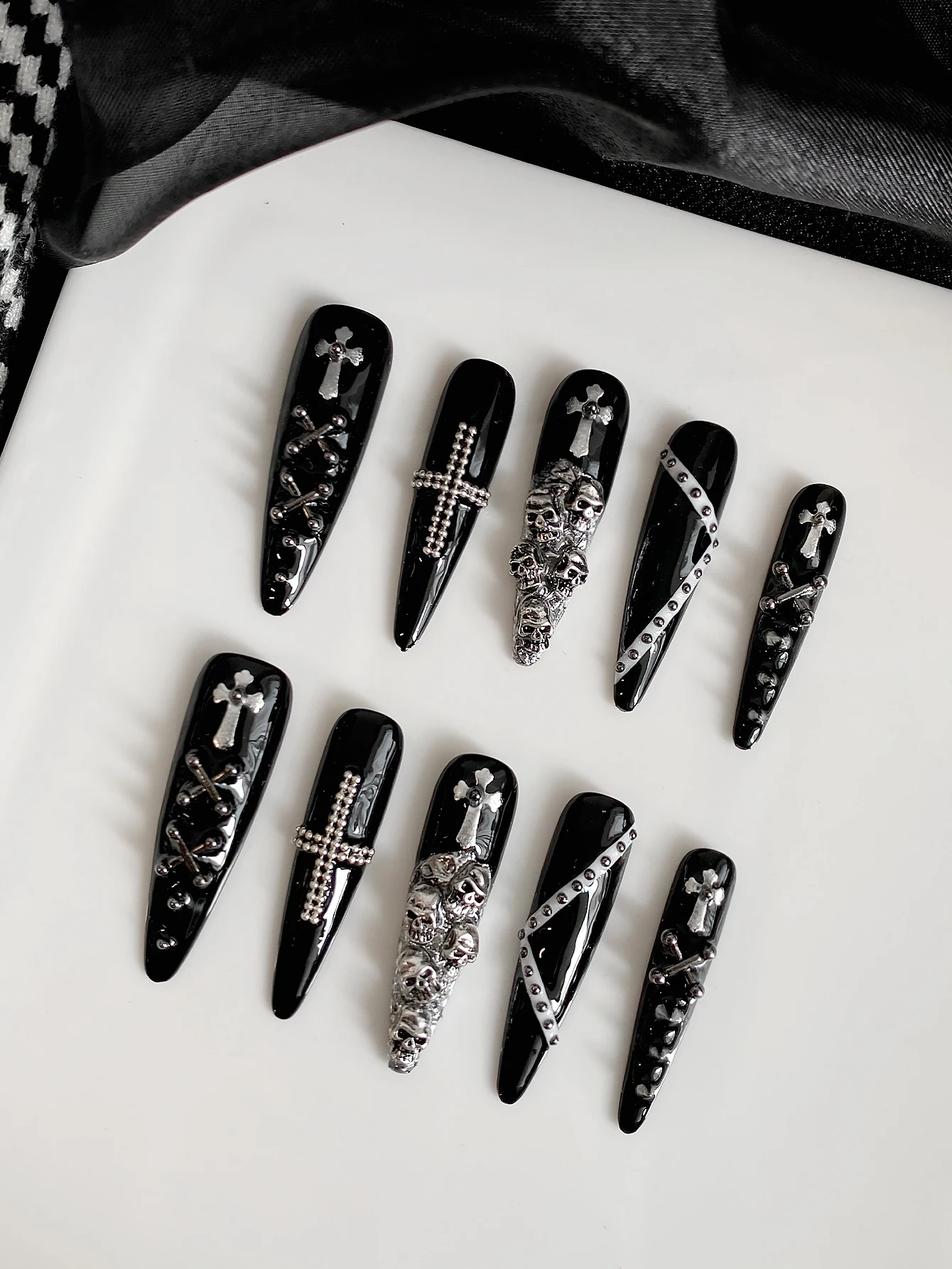Black Stiletto Fake Nails, Gothic Punk Press on Nails, Silver Cross, Skull & Rivet Ornaments, Handmade Nail Art