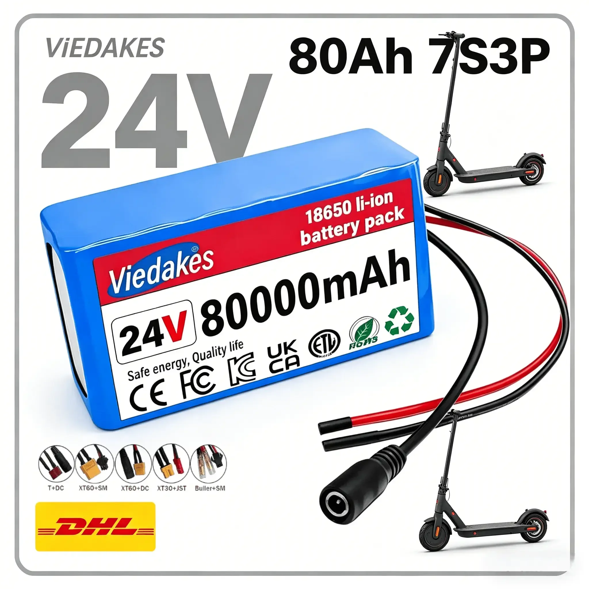 

VIEDAKES 7S3P 24V 80Ah Battery Pack paired with 29.4V 2A Charger, safe and stable performance for daily outdoor work