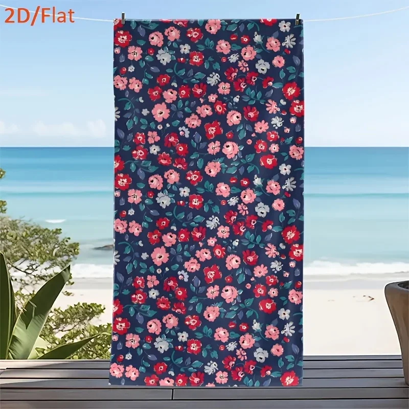 1pcs Vibrant Navy Ditsy Flower Print Beach Towel, Soft Quick Dry Oversized Bath Towel, Boho Aesthetic Summer Accessory