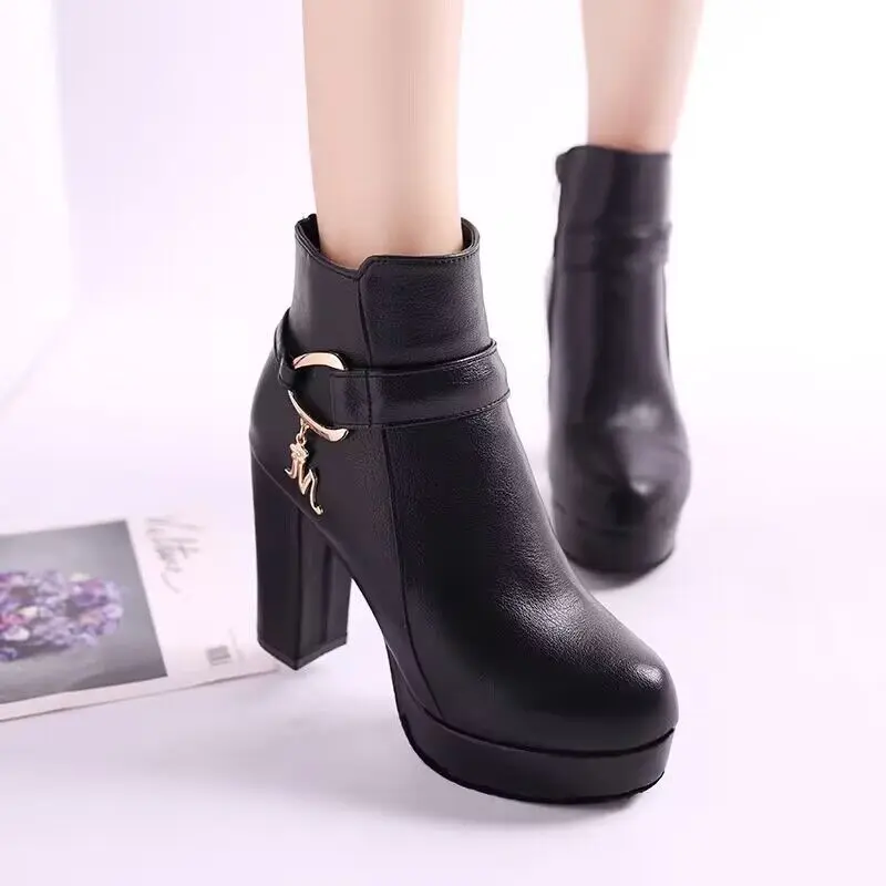 2019 new top quality flock leather boots women high heels platform ankle boots for women round toe autumn winter shoes