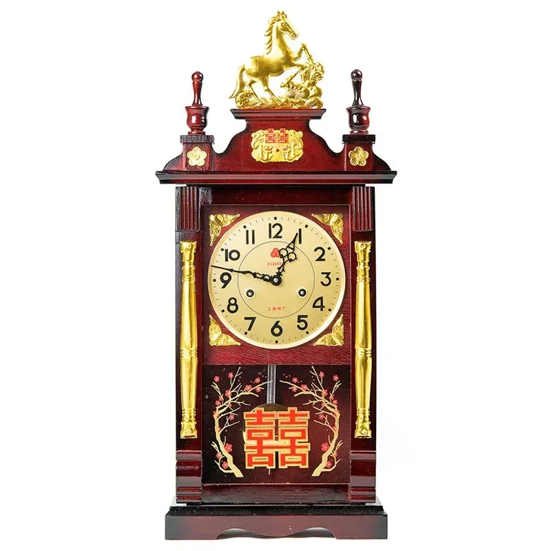 Mechanical clock Solid wood hanging clock Old-fashioned feng shui town house winding chain Clockwork pure copper movement