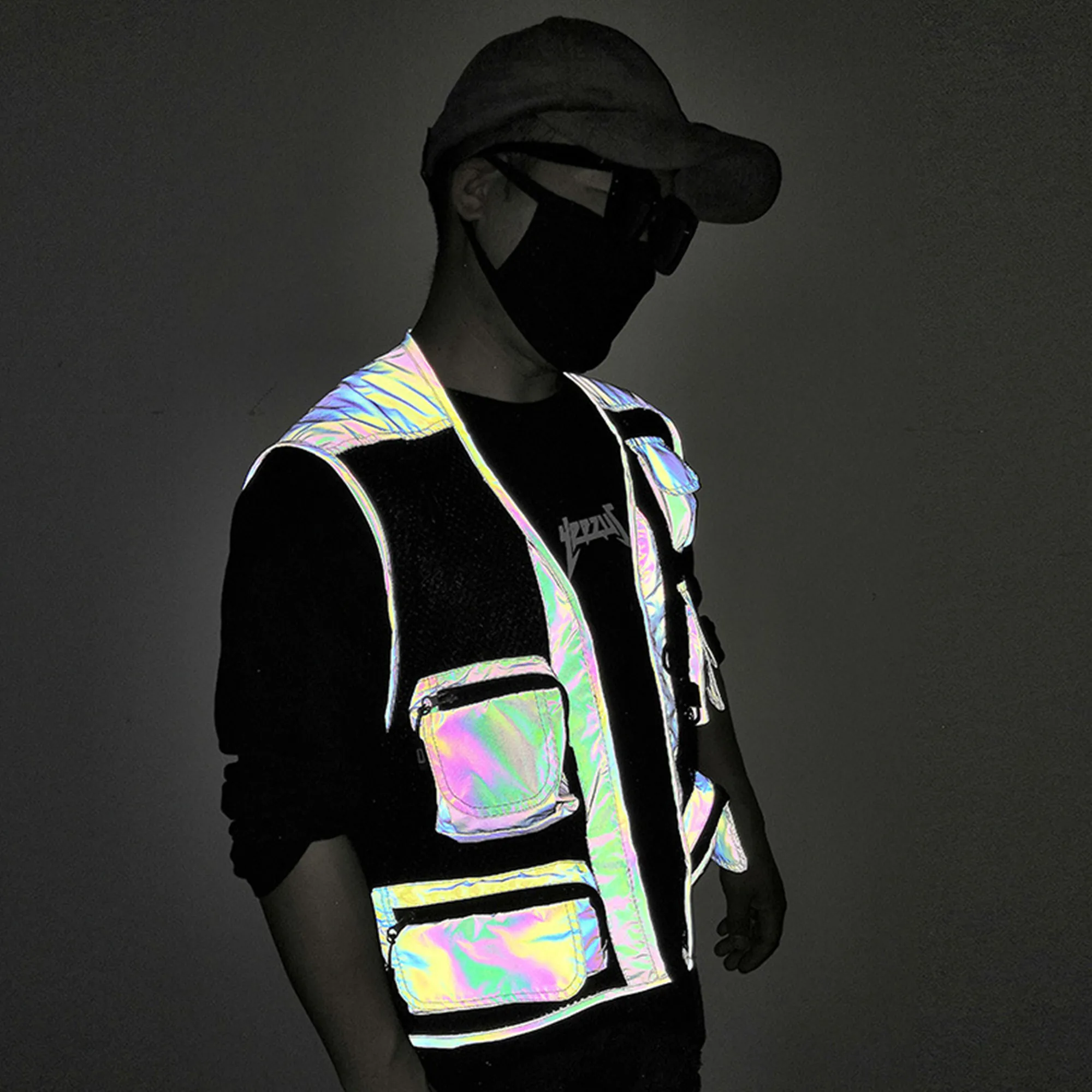 Men\'s Holographic Reflective Colorful Rainbow Vest Unique Reflective Multi-Pocket Function Waistcoat