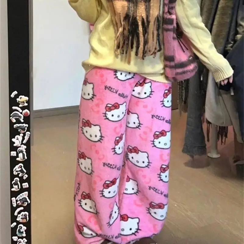Sanrio 귀여운 파자마 바지 헬로 키티 산호 벨벳 워크 바지 고품질 여자 학생 패션 사계절 만화 따뜻한 집
