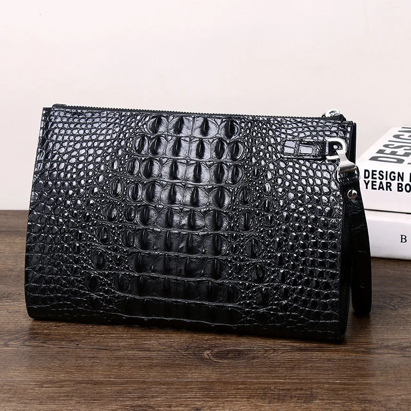 New Crocodile Pattern Genuine Leather Business Handbag Large Capacity Envelope Multi Functional Clip Bag Trendy Stylemale Wallet