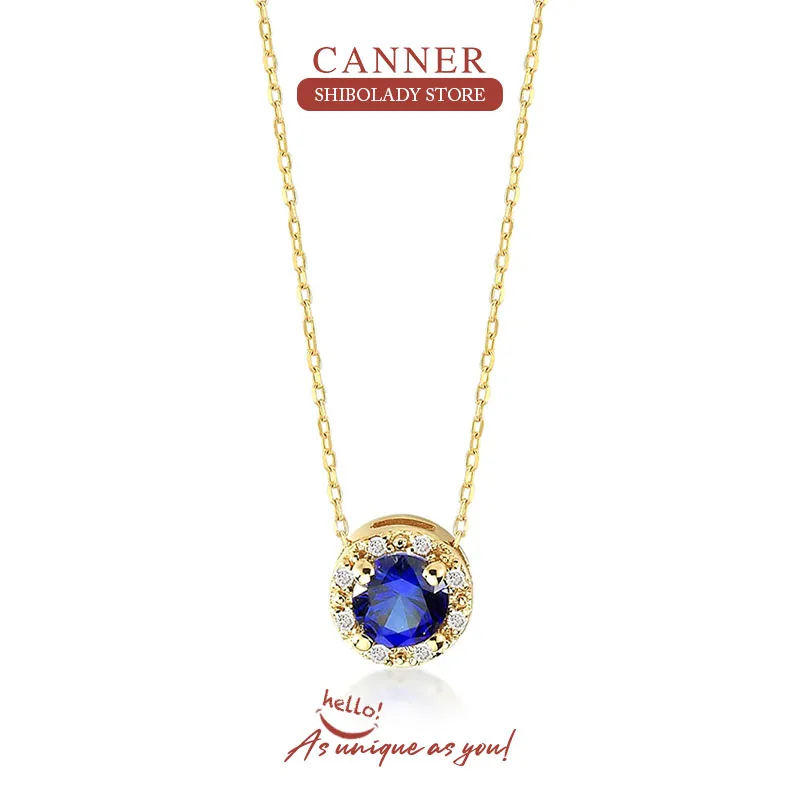 Canner Blue Gem Halskette für Frauen 925 Sterling Silber Runde Pendente lange Kette Hochzeit Juwelen Luxus edlen Schmuck 18 Karat Gold