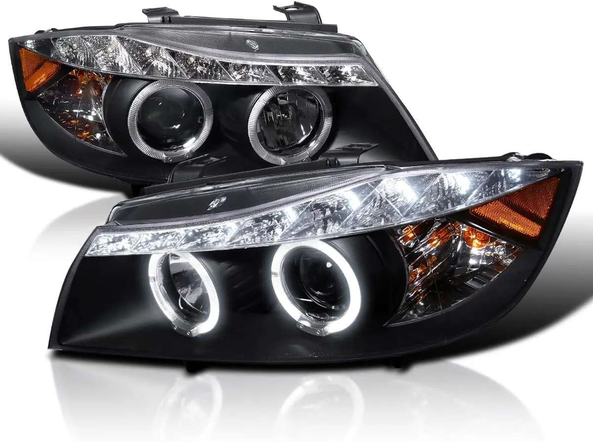 

LED Strip Black Projector Headlights Compatible with 2006-2008 BMW E90 3-Series 4 Door Sedan, Left + Right Pair Headlamps Assemb