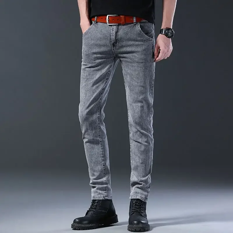 Men Fashion Casual Straight Narrow Leg Pants Classic Business Jeans Male New Stretch Solid Black Trousers