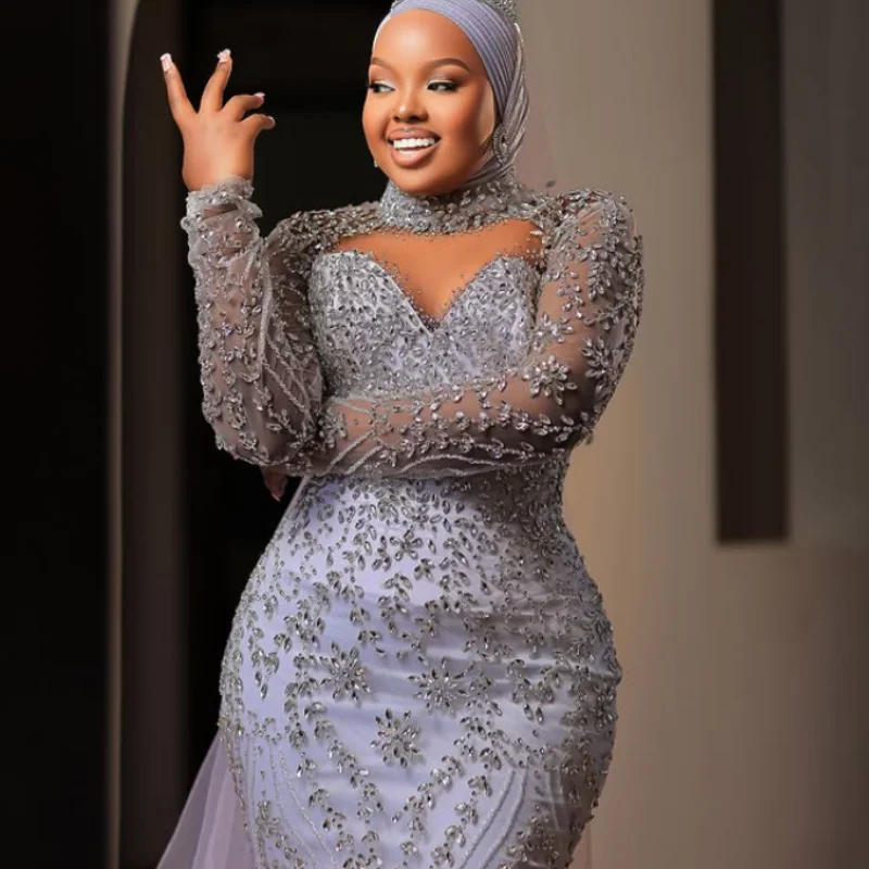 Gorgeous customized high neck African rhinestone fishtail wedding dress 2026 models tulle long sleeve beaded lace wedding women'