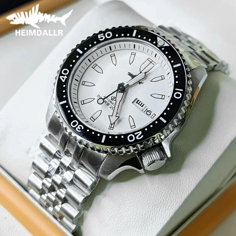 Heimdallr SKX007 Mechanische Taucheruhr für Herren, 42 mm, weißes Zifferblatt, schwarze Keramiklünette, NH36-Uhrwerk, 20 Bar wasserdicht, leuchtend