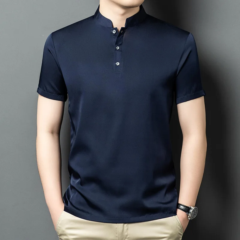 

High Quality Real Silk New Men's Stand Collar Short Sleeve Shirt Youth Business Casual Solid Color Half T-shirt Men